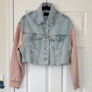 All Saints Anders Mixed Media Cropped Denim Body Jacket with Sweatshirt Sleeves